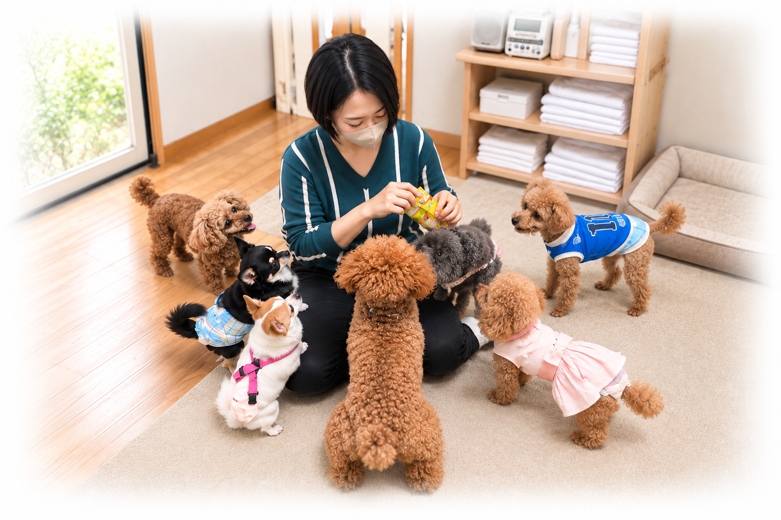 東京都瑞穂町のペットホテル「わんちゃんの美容院 からちゃん」で、スタッフとワンちゃんたちがフリースペースで過ごす様子