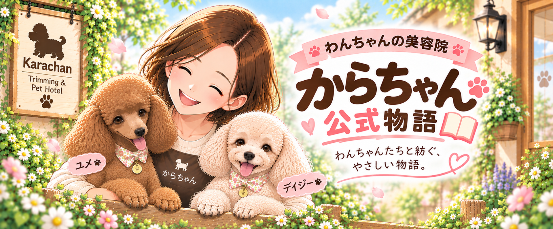 わんちゃんの美容院からちゃん公式物語の名インイラスト。オーナーと看板犬のトイプードル、ユメとデイジーが花々に囲まれている。